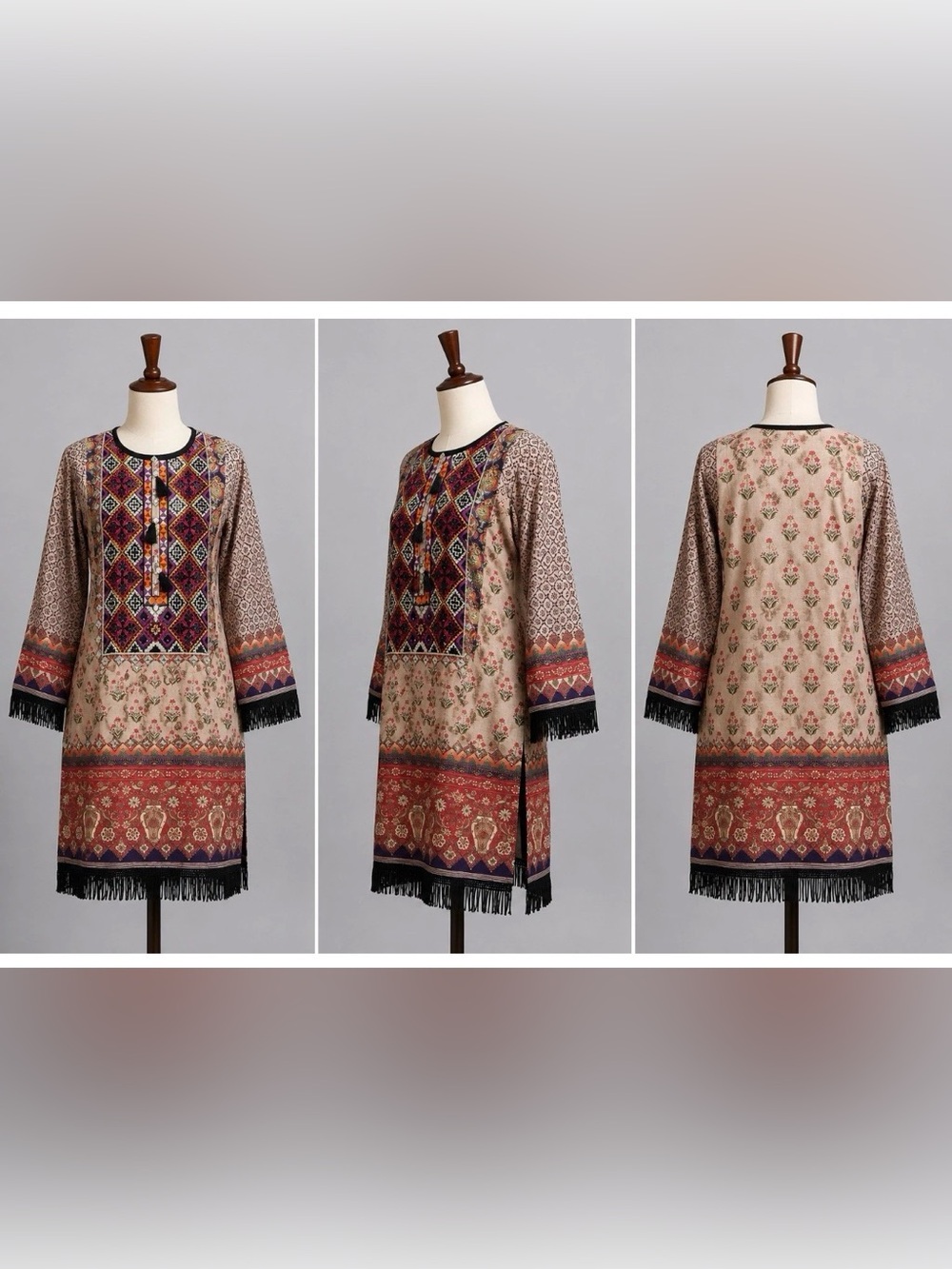 Boho Embroidered Fringe Tunic Dress - Beige & Rust